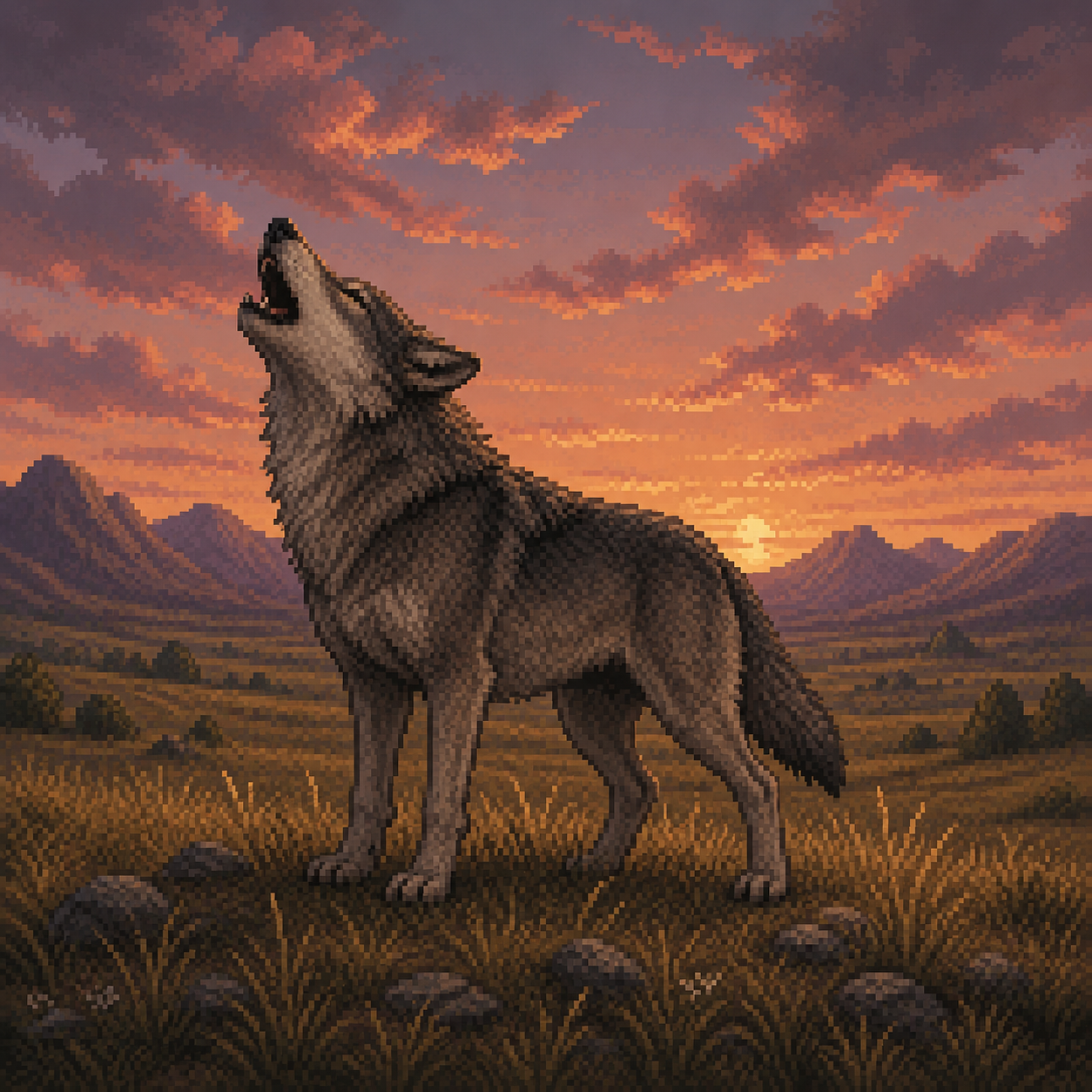 Pixel art wolf howling under an orange sky