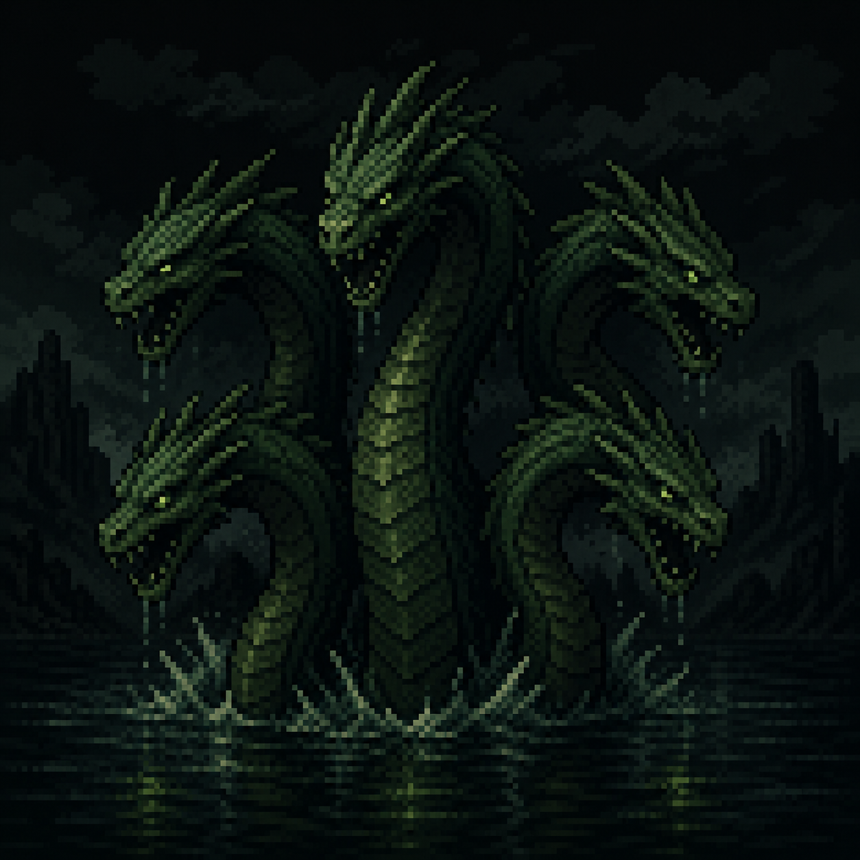 Pixel art green hydra rising from dark water