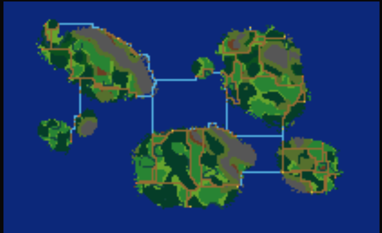 Prototype island realm map with ferry routes, roads, forests, mountains, and settlements