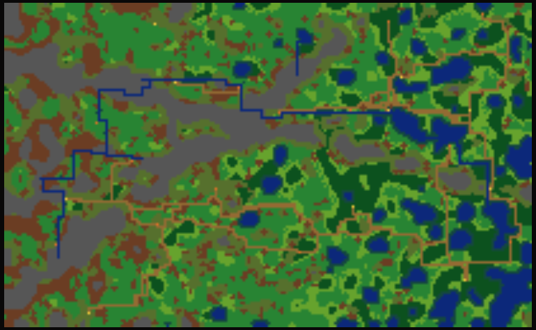 Prototype large generated realm map with roads, rivers, hills, forests, and settlements